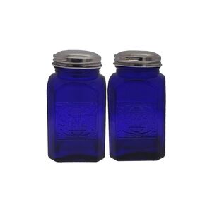 NWT Vintage Style Cobalt Blue Glass Salt & Pepper Shakers Stainless Steel Caps